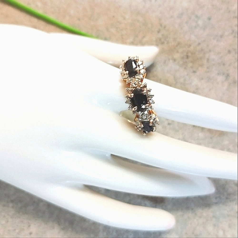 💙 Sterling Silver 925 GP Deep Blue 3 Sapphire & CZ Ring (6)💙
